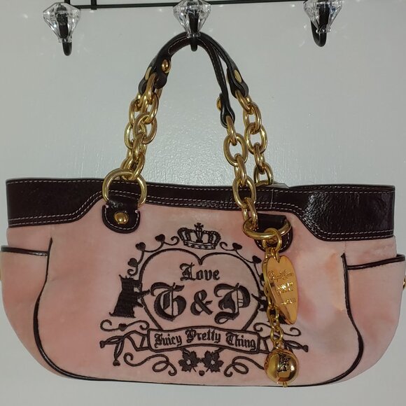 Vintage Juicy Couture Mini Bag Purse Handbag Pink Velour Brown Pretty Thing - Picture 1 of 11